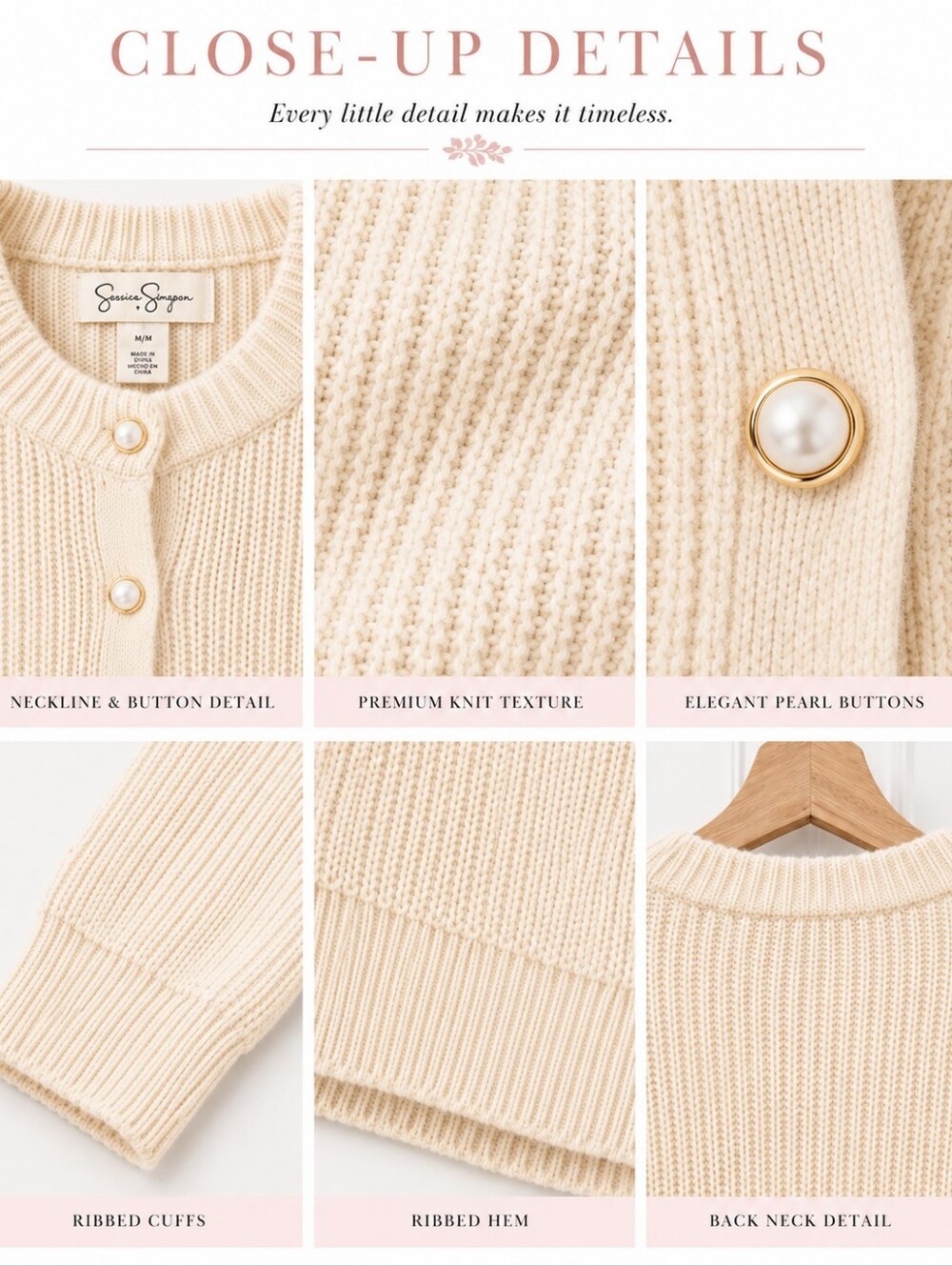 Jessica Simpson Cream Pearl Button Cropped Cardigan Size M | Rib Knit Sweater - Picture 5 of 11